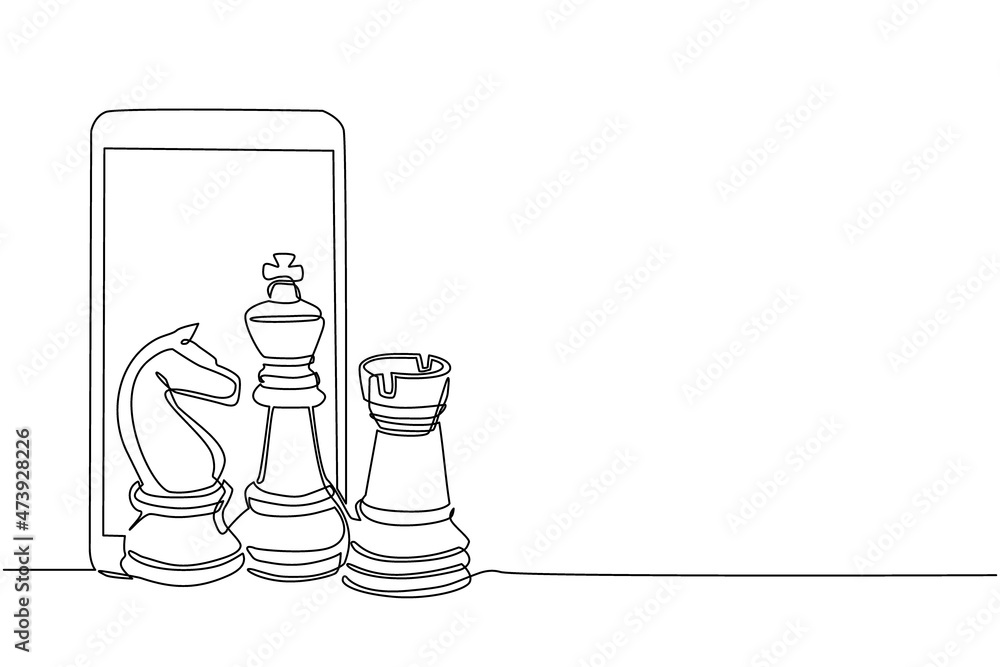Poster continuous one line drawing smartphone and chess pieces silhouette icon set isolated on white backgr