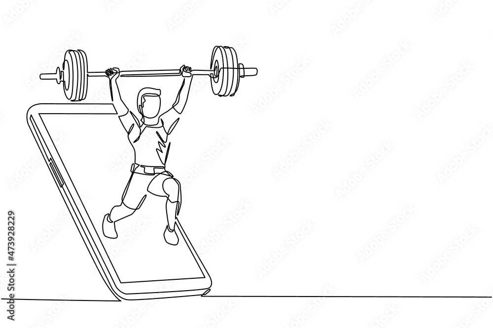 Aufkleber single one line drawing bodybuilder man doing exercise with heavy weight bar getting out of smartpho