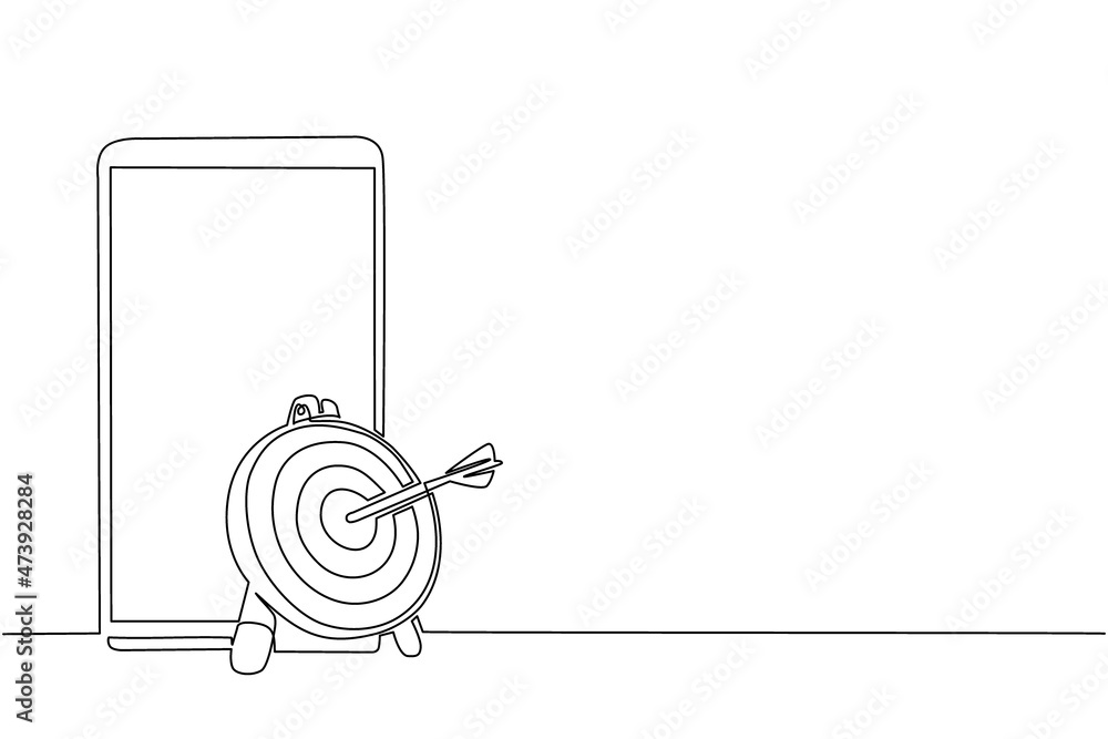 Poster single continuous line drawing smartphone and arrow hitting target mark. arrow exactly into goal of 