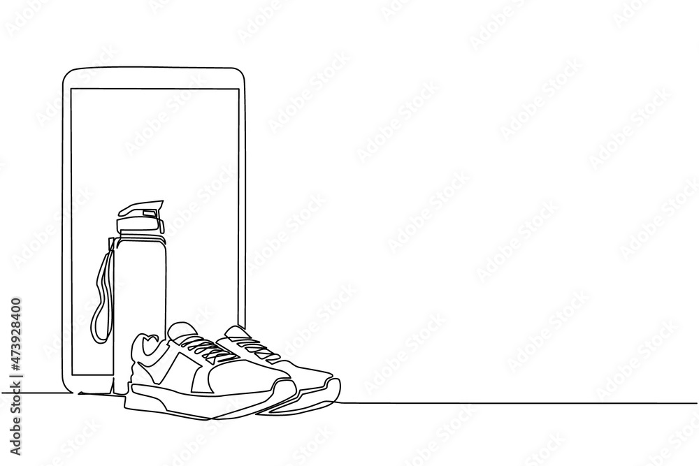 Poster single continuous line drawing running sneaker and mineral bottled water with smartphone. idea of he