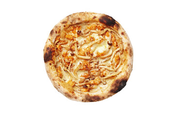 Top view of pizza with Buffalo chicken and mushrooms on creamy cheese sauce