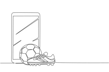 Fototapeta premium Single continuous line drawing smartphone and football shoes and soccer ball. Football icon. Soccer ball boots. Sport inventory. Online football games. Mobile applications. One line draw design vector