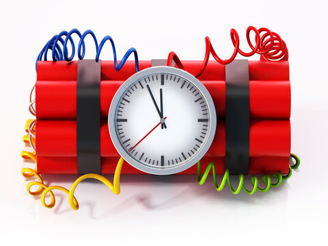 Dynamite clock pointing a few minutes to 12 o'clock. 3D illustration
