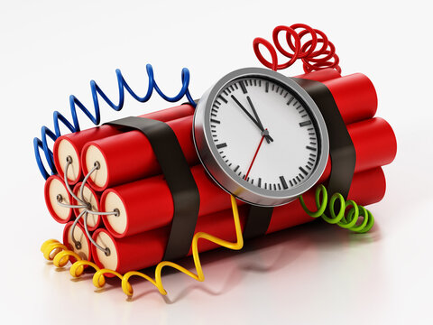 Dynamite clock pointing a few minutes to 12 o'clock. 3D illustration