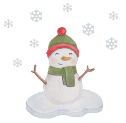 Watercolor illustration of a snowman and snow. For other decoration. 