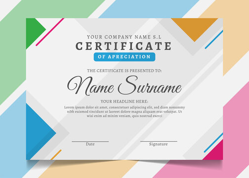 colorful certificate template design with modern geometric shape