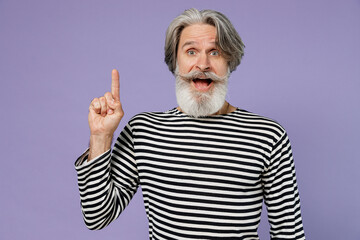Elderly gray-haired mustache bearded man 50s wearing striped turtleneck holding index finger up...