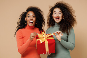 Two cheerful charming young curly black women friends 20s wear casual shirts clothes hold red...