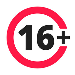 Under 16 forbidden round icon sign vector illustration. Sixteen or older persons adult content 16 plus only rating isolated on white background.