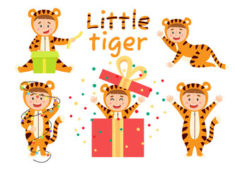 Little boy in a tiger costume, vector set