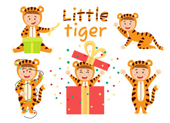 Fototapeta premium Little boy in a tiger costume, vector set