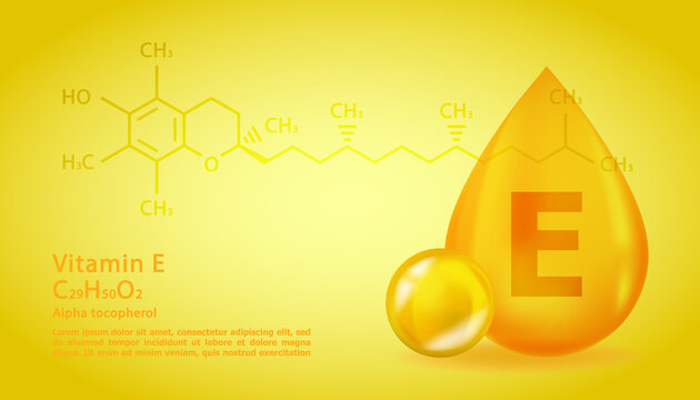 Realistic E Alpha Tocotrienol Vitamin drop with structural chemical formula. 3D Vitamin molecule E Alpha Tocotrienol design. Drop pill capsule.