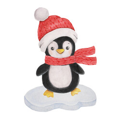 Watercolor illustration of penguin in red scarf and cap. For other decoration.