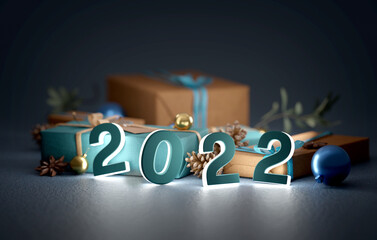 2022 new year composition with christmas holidays decoration - 3d rendering