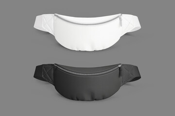 Waist bag, belt pouch or fanny pack, 3D realistic isolated mockup template. Modern white and black waist pouch or belt bag with zipper pocket, fashion and sport accessory blank mock up.3d rendering. - obrazy, fototapety, plakaty