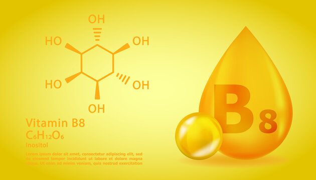 Realistic B8 Inositol Vitamin drop with structural chemical formula. 3D Vitamin molecule B8 Inositol design. Drop pill capsule.