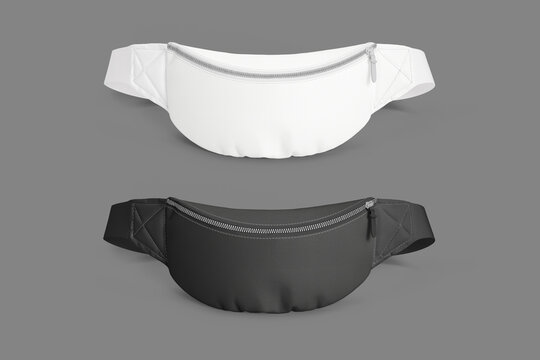 Waist bag, belt pouch or fanny pack, 3D realistic isolated mockup template. Modern white and black waist pouch or belt bag with zipper pocket, fashion and sport accessory blank mock up.3d rendering.
