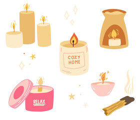 Scented candles set. Hygge time. Cozy home. Aromatherapy and relaxation set. Various Candles. Hand draw Cartoon Vector illustration.