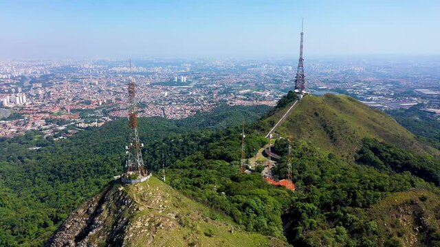 Aerial landscape of Bandeirantes highway road at countryside of Sao Paulo state Brazil. Landmark highway road between mountains. Rural landscape. Traffic at road. Brazilian freeway road.