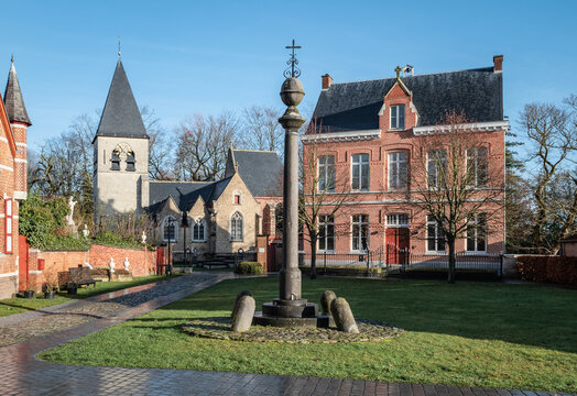Church, vicarage and memorial in the picturesque village of Gestel, Belgium. Popular church for wedding celebrations.