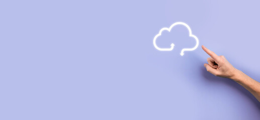 Business woman holding icon cloud computing network and icon connection data information in hand. Cloud computing and technology concept.