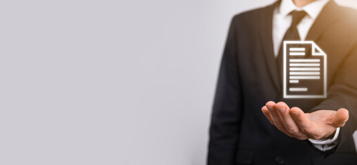Hand holding a document icon in his hand Document Management Data System Business Internet...