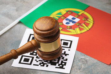 Judge gavel, barcode sheet and flag of Portugal, concept of administrative punishment for violation...