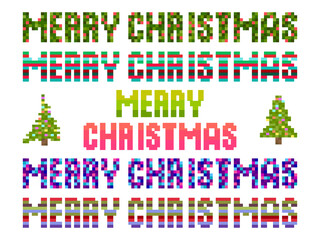 Merry Christmas, pixel art. Pixelated text in the style of 8 bit retro games from the 80s and 90s. Design for greeting card, banner and invitation. Vector illustration