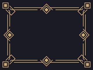 Art deco frame. Vintage linear border. Design a template for invitations, leaflets and greeting cards. Geometric golden frame. The style of the 1920s - 1930s. Vector illustration