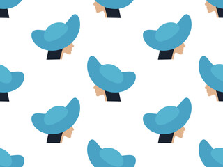 Lady in a blue hat on a white background seamless pattern. Elegant image of a girl with a hat on her head. Design for printing on fabric, banners and rubbers. Vector illustration