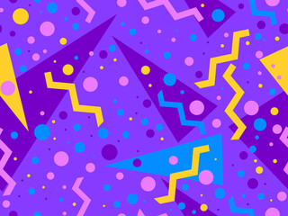Geometric seamless pattern in 80s memphis style. Colorful background with geometric shapes. Design for promotional products, wrapping paper, brochures and printing. Vector illustration