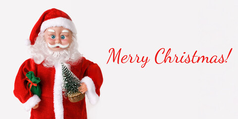 Santa Claus with miniature fir tree and gift bag on christmas time on white background with text . Front view. Banner. Copy space.