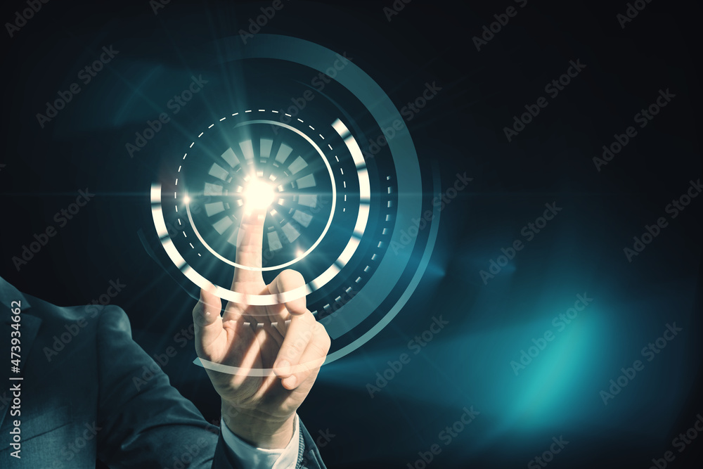 Poster close up of business man hand using abstract round interface on blue background. hud, click, push sc