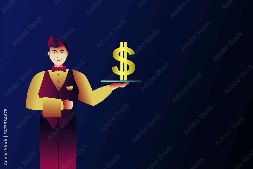 Poster Abstract digital image of a clerk man holding tray with a golden dollar sign on dark background with mock up place. Money, currency and investment concept. 3D Rendering.