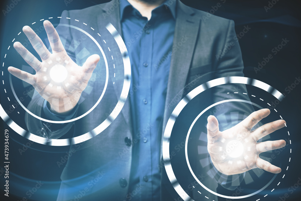 Poster close up of businessperson hands using abstract round interface on blue background. hud, click, push