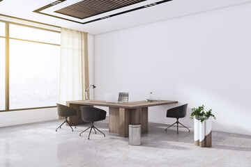Modern office interior with empty mock up place on white concrete wall, furniture and laptop, window with city view and daylight. 3D Rendering.