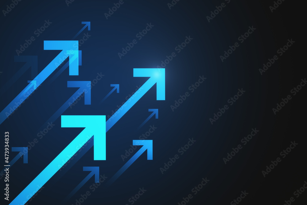 Poster glowing bright blue arrows on dark background with mock up place. up and trend concept. 3d rendering