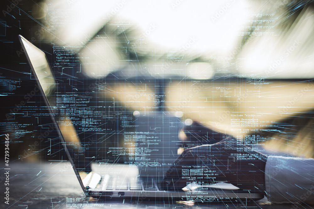 Poster Close up of businessman hands using laptop with creative glowing coding big data interface on blurry outdoor background. Technology and futuristic network. Double exposure.