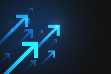 Glowing bright blue arrows on dark background with mock up place. Up and trend concept. 3D Rendering.