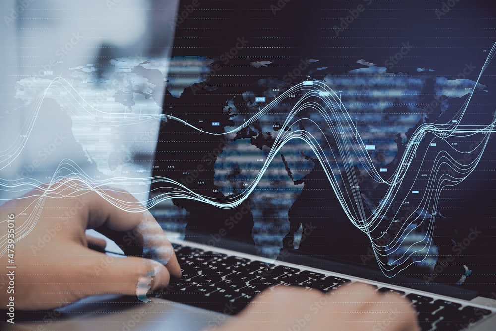 Poster close up of businessperson hands using laptop with creative glowing business chart and map hologram 