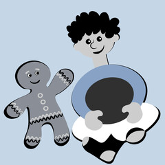 the boy sits cross-legged and smiles at the gingerbread man. Design element