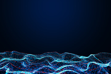 Creative digital polygonal wave on dark blue texture with mock up place. Technology and design concept. 3D Rendering.