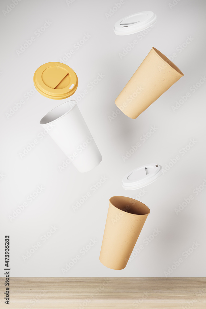Poster clean yellow take away coffee cup on white background and wooden surface. advertisement and mock up 