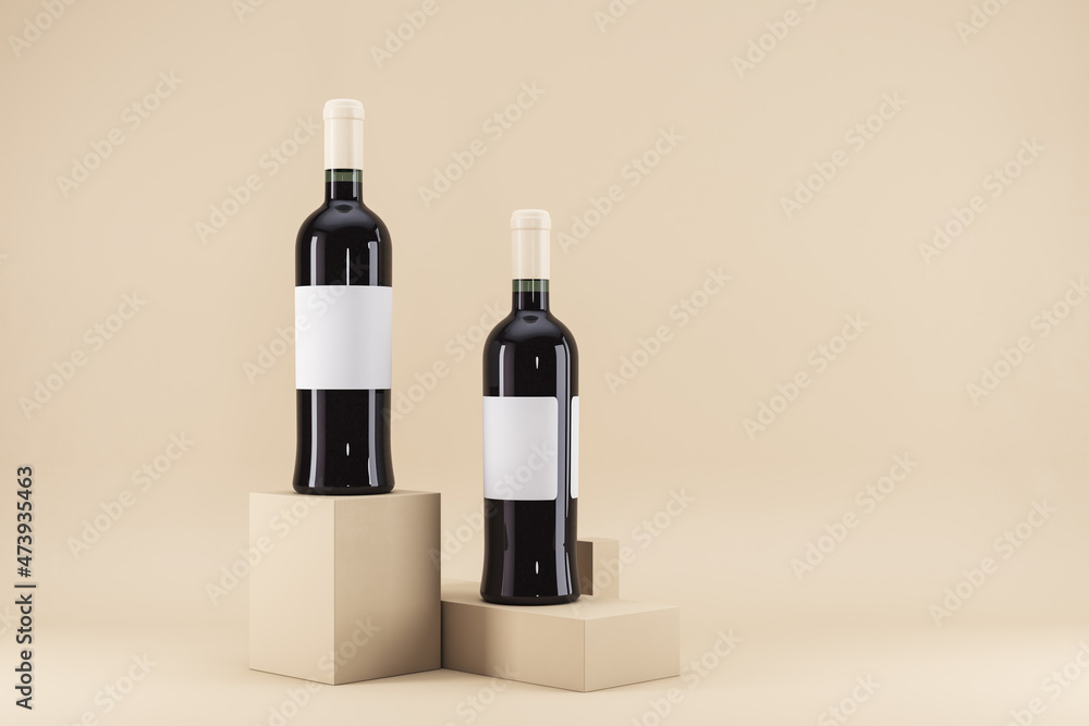 Aufkleber Modern 3d rendering image of glossy wine bottle on pedestal. Mock up place on label and pink background.