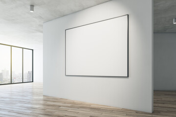 Modern gallery interior with mock up frame on white concrete wall, wooden flooring and window with city view. Museum or apartment concept. 3D Rendering.