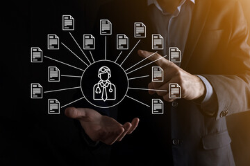 Document Management System DMS .Businessman hold doctor and document icon.Software for archiving,...