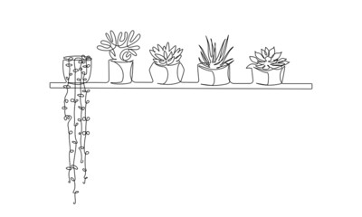 Set of continuous line drawing of houseplants succulents cactus and aloe vera in pots on wall shelf. Linear silhouette flowers for home interior decorations of hygge style. Vector illustration