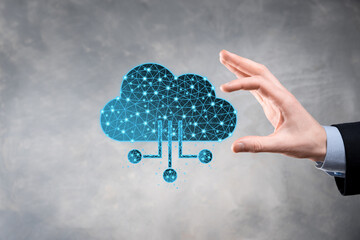 Cloud technology. Polygonal wireframe cloud storage sign with data collection icon on dark blue....