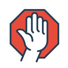 Stop sign flat icon. No entry gesture hand. Forbidding red text. Warning of danger. Prohibited activities. Vector illustration flat design. Isolated on white background. Palm as symbol caution.