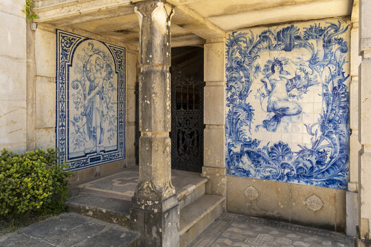 Azulejos panels in the gardens of a palace in Estoi, Algarve, Portugal	
